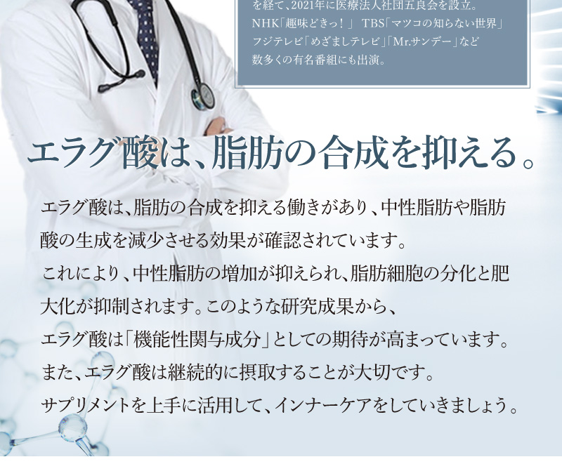 エラグ酸は、脂肪の合成を抑える働きがあり、中性脂肪や脂肪酸の生成を減少させる効果が確認されています。これにより、中性脂肪の増加が抑えられ、脂肪細胞の分化と肥大化が抑制されます。このような研究成果から、エラグ酸は「機能性関与成分」としての期待が高まっています。また、エラグ酸は継続的に摂取することが大切です。サプリメントを上手に活用して、インナーケアをしていきましょう。